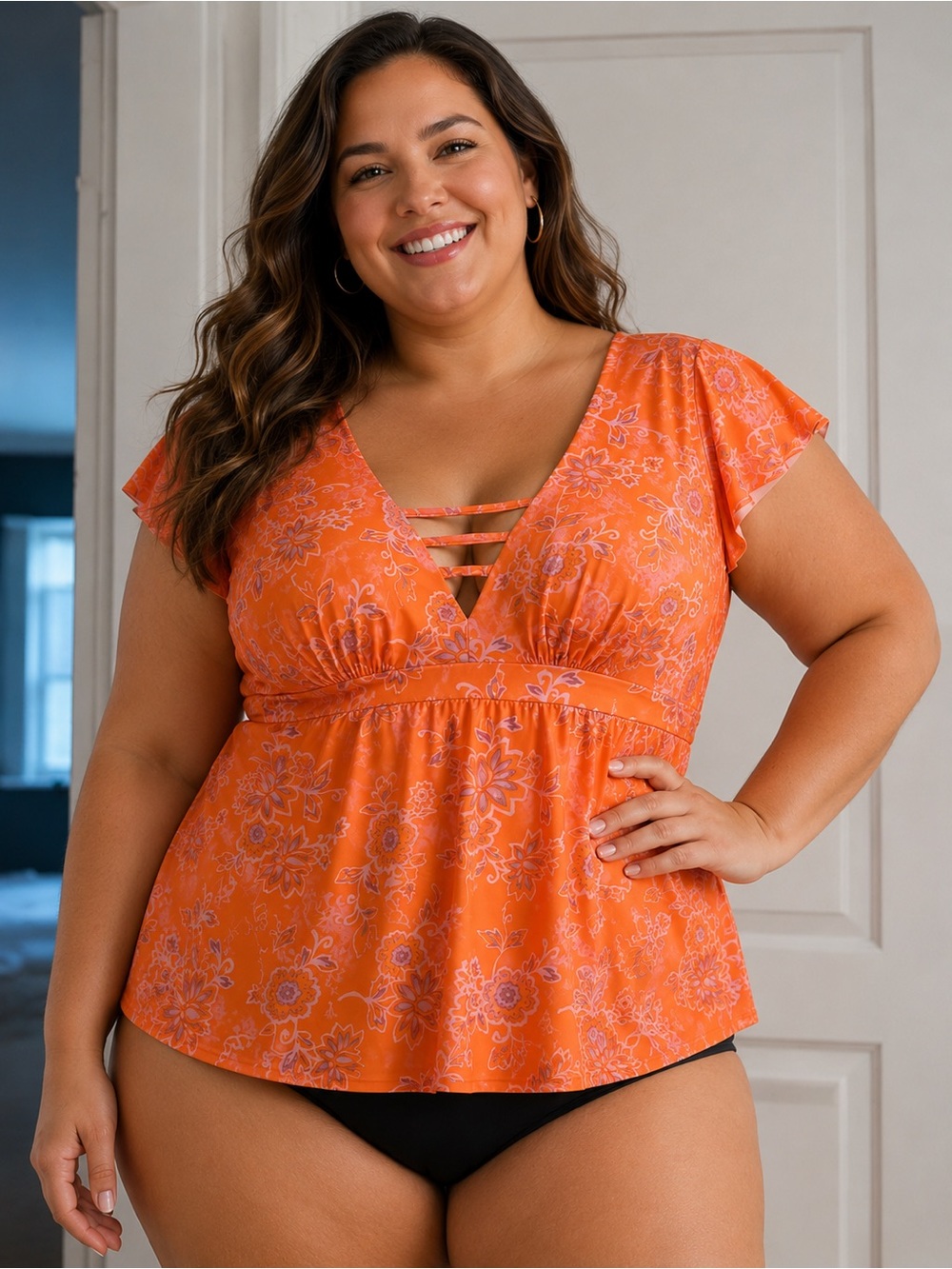 Cacique Lane Bryant Plus Swim Flutter Sleeve Tankini Top Orange, Size 20